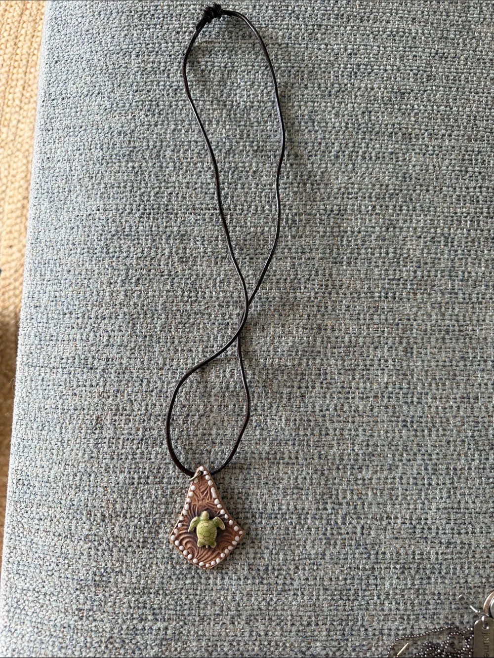 Brown Leather Necklace with Green Turtle Charm